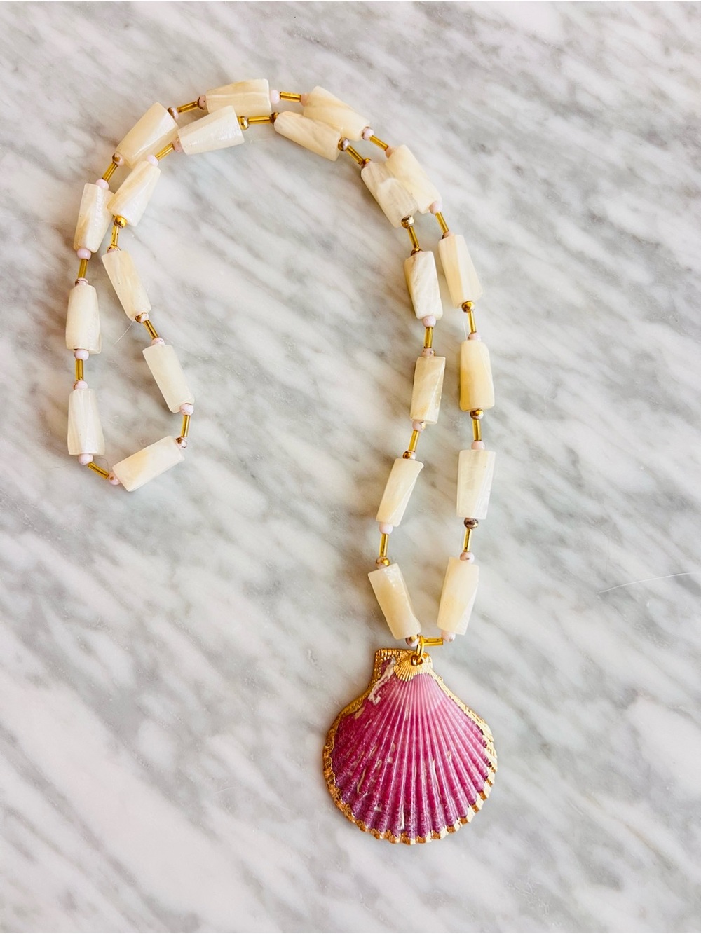 Pink Shell Pendant Necklace with Glass Beads Upcycle
